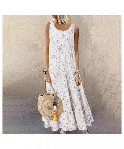 Summer Tank Dress for Women Sleeveless Cotton Linen Sundress Boho Floral Tiered Maxi Dress Plus Size Loose Beach Dress White ...