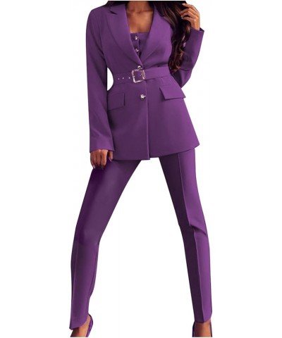 2 Piece Outfits Women Business Blazer Pant Suit Set Long Sleeve Open Front Elegant Blazer for Office Work Set Suit Purple $12...