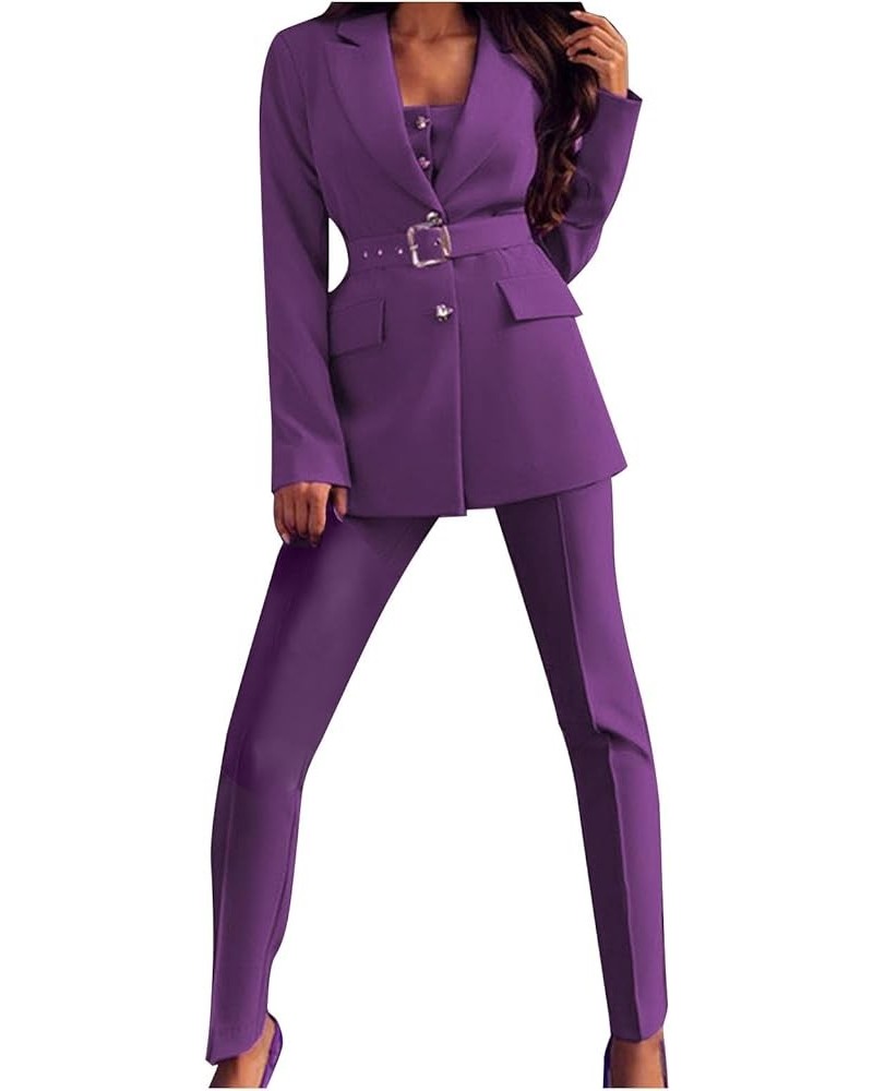 2 Piece Outfits Women Business Blazer Pant Suit Set Long Sleeve Open Front Elegant Blazer for Office Work Set Suit Purple $12...