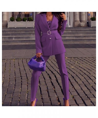 2 Piece Outfits Women Business Blazer Pant Suit Set Long Sleeve Open Front Elegant Blazer for Office Work Set Suit Purple $12...