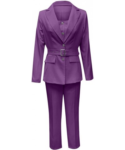 2 Piece Outfits Women Business Blazer Pant Suit Set Long Sleeve Open Front Elegant Blazer for Office Work Set Suit Purple $12...