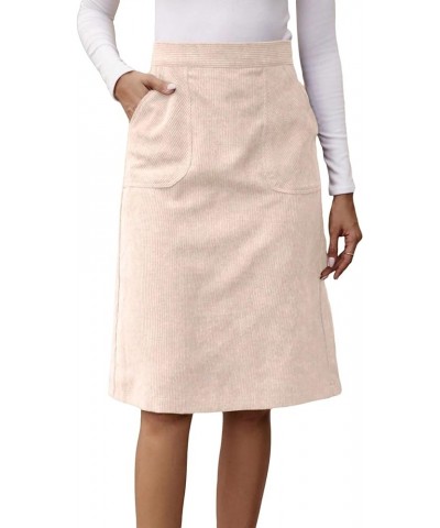 Women's High Waist Straight Midi Skirt Split Hem Corduroy Skirts with Pockets Apricot $19.60 Skirts