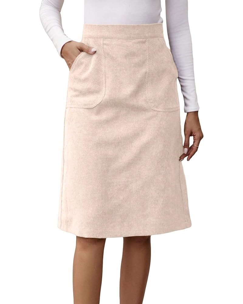 Women's High Waist Straight Midi Skirt Split Hem Corduroy Skirts with Pockets Apricot $19.60 Skirts