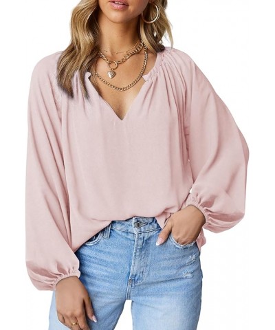 Long Sleeve Shirts for Women V Neck T-Shirts Casual Loose Chiffon Blouses Tunic Fall Tops Pink $14.49 Blouses