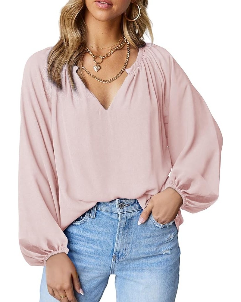 Long Sleeve Shirts for Women V Neck T-Shirts Casual Loose Chiffon Blouses Tunic Fall Tops Pink $14.49 Blouses