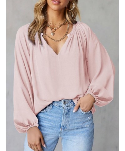 Long Sleeve Shirts for Women V Neck T-Shirts Casual Loose Chiffon Blouses Tunic Fall Tops Pink $14.49 Blouses