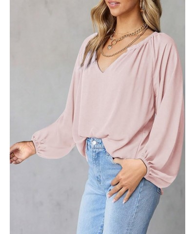 Long Sleeve Shirts for Women V Neck T-Shirts Casual Loose Chiffon Blouses Tunic Fall Tops Pink $14.49 Blouses