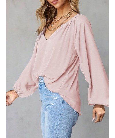 Long Sleeve Shirts for Women V Neck T-Shirts Casual Loose Chiffon Blouses Tunic Fall Tops Pink $14.49 Blouses