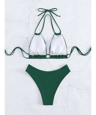 Cheeky High Cut Triangle Bikini Sets for Women Cute Halter Top Swimsuits 2 Piece Green $13.15 Swimsuits