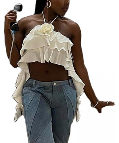 Y2k 3D Flowers Mesh Sheer Fringe Crop Top See Through Tassle Tanks Tops Slim Fit Frill Camis Streetwear for Womens A3-white $...