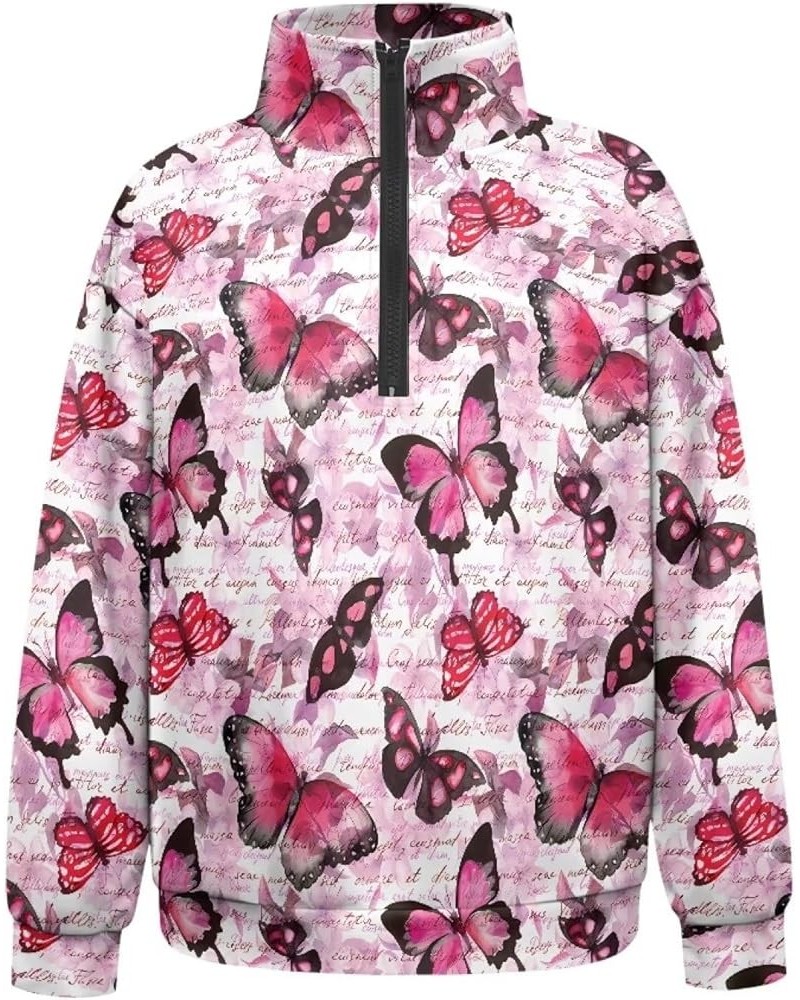 Sweatshirts for Womens Fall Fashion Hoodie Long Sleeve Sweatshirt Tops Half Zip Pullover Pink Butterfly $19.75 Hoodies & Swea...