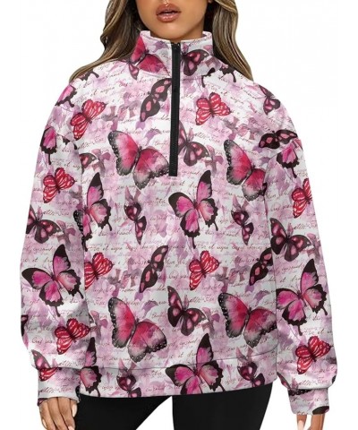 Sweatshirts for Womens Fall Fashion Hoodie Long Sleeve Sweatshirt Tops Half Zip Pullover Pink Butterfly $19.75 Hoodies & Swea...