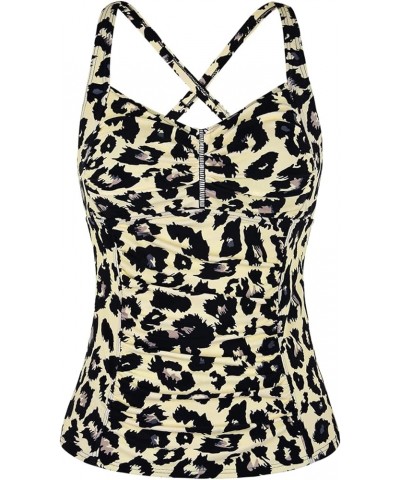 Women's Tankini Tops Shirred Tummy Control Swimsuits Cross Back Tankini Swimwear Tops Leopard-1 $15.12 Swimsuits