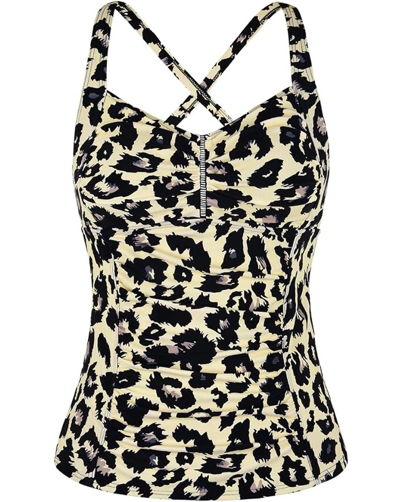 Women's Tankini Tops Shirred Tummy Control Swimsuits Cross Back Tankini Swimwear Tops Leopard-1 $15.12 Swimsuits