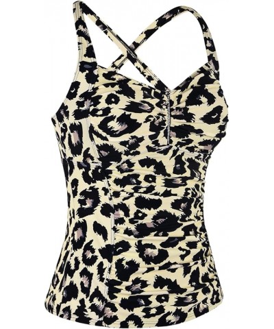 Women's Tankini Tops Shirred Tummy Control Swimsuits Cross Back Tankini Swimwear Tops Leopard-1 $15.12 Swimsuits