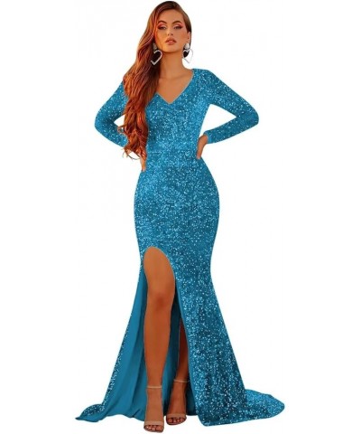 Long Sleeve Prom Dresses for Women 2024 Sequin Mermaid V Neck Long Formal Evening Gown with Sleeves B-aqua $38.33 Dresses