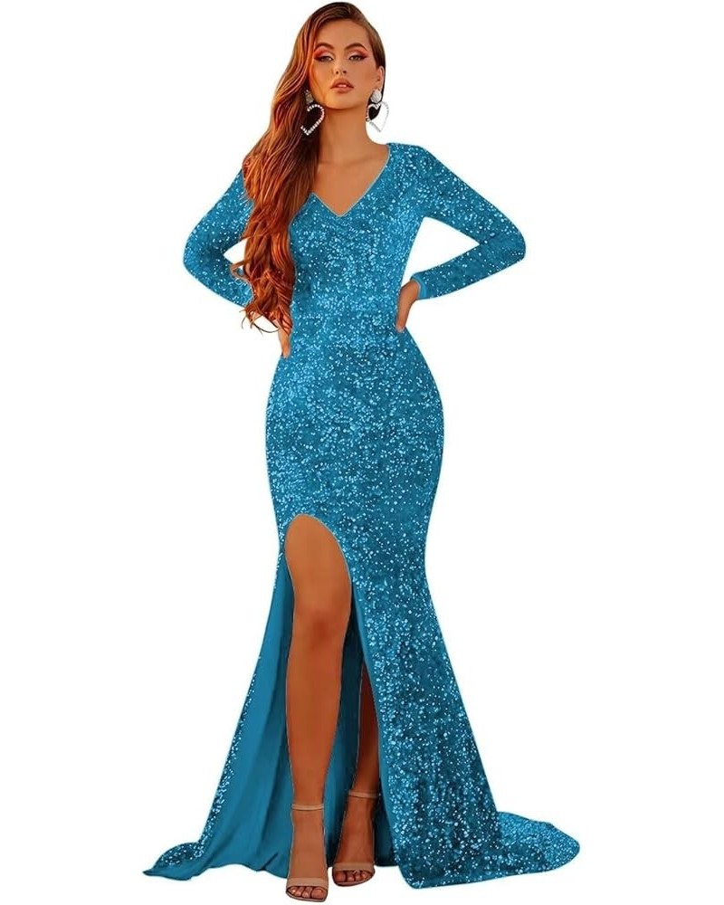 Long Sleeve Prom Dresses for Women 2024 Sequin Mermaid V Neck Long Formal Evening Gown with Sleeves B-aqua $38.33 Dresses