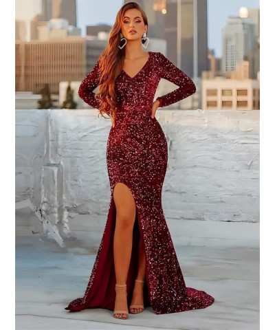 Long Sleeve Prom Dresses for Women 2024 Sequin Mermaid V Neck Long Formal Evening Gown with Sleeves B-aqua $38.33 Dresses