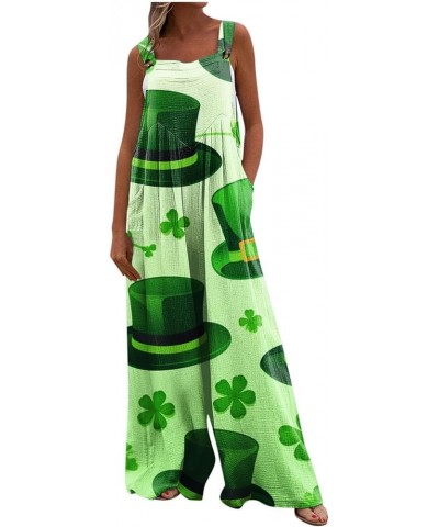 Womens St Patricks Day Jumpsuits Wide Leg Rompers Sleeveless Adjustable Strap Long Pants Shamrock Print Bib Overalls 0-mint G...