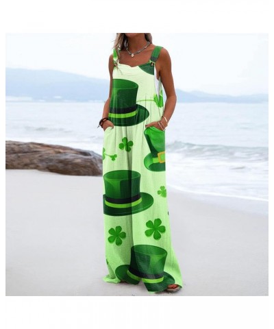 Womens St Patricks Day Jumpsuits Wide Leg Rompers Sleeveless Adjustable Strap Long Pants Shamrock Print Bib Overalls 0-mint G...