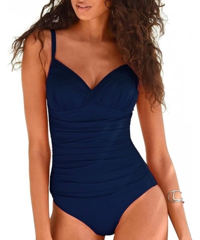 Women's One Piece Swimsuits Front Twist Swimwear V Neck Shirred Bathing Suit Monokini Tummy Control Navy $13.95 Swimsuits