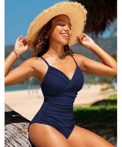 Women's One Piece Swimsuits Front Twist Swimwear V Neck Shirred Bathing Suit Monokini Tummy Control Navy $13.95 Swimsuits