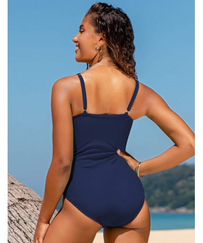 Women's One Piece Swimsuits Front Twist Swimwear V Neck Shirred Bathing Suit Monokini Tummy Control Navy $13.95 Swimsuits