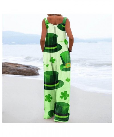 Womens St Patricks Day Jumpsuits Wide Leg Rompers Sleeveless Adjustable Strap Long Pants Shamrock Print Bib Overalls 0-mint G...