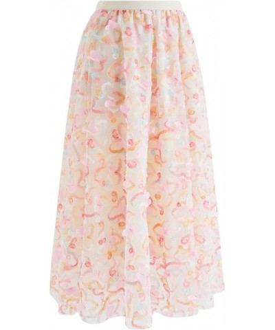 Women's Caramel/Dusty Blue/White/Black 3D Posy Double-Layered Mesh Midi Skirt Pink-lively Butterfly $26.90 Skirts