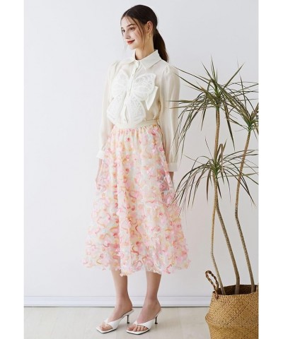 Women's Caramel/Dusty Blue/White/Black 3D Posy Double-Layered Mesh Midi Skirt Pink-lively Butterfly $26.90 Skirts