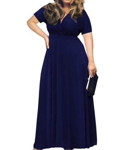 Women's Plus Size Short Sleeve Loose Plain Casual Long Maxi Dresses with Pockets 04-navy Blue $14.75 Dresses