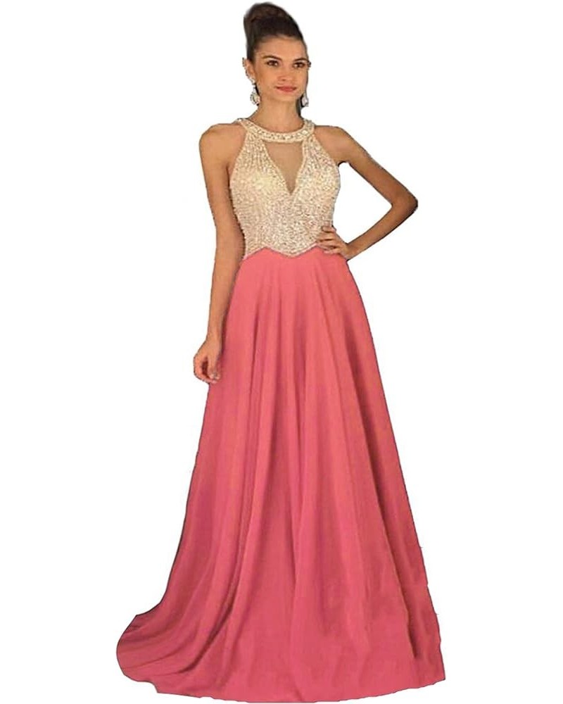 Women's Crystal Beaded Prom Dresses 2024 Long Chiffon Long Evening Gowns Formal Coral $32.70 Dresses