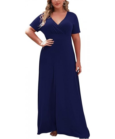 Women's Plus Size Short Sleeve Loose Plain Casual Long Maxi Dresses with Pockets 04-navy Blue $14.75 Dresses