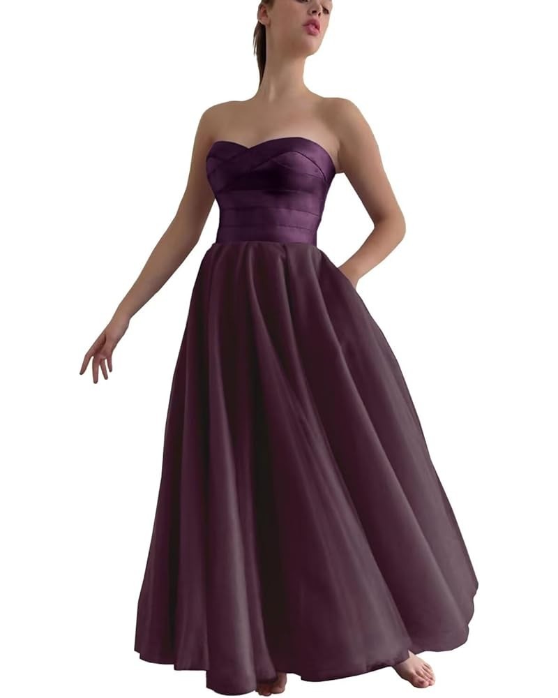 Women's Strapless Tea Length Prom Dresses Tulle A Line Satin Formal Evening Party Gown with Pockets Grape $35.74 Dresses