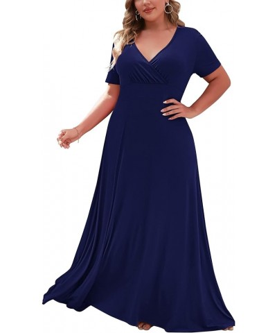 Women's Plus Size Short Sleeve Loose Plain Casual Long Maxi Dresses with Pockets 04-navy Blue $14.75 Dresses