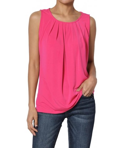 Women's S~3X Sleeveless Pleated O Crew Neck Tank Top Essential Stretch Blouse Hot Pink $9.67 Tanks