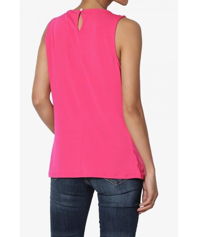 Women's S~3X Sleeveless Pleated O Crew Neck Tank Top Essential Stretch Blouse Hot Pink $9.67 Tanks