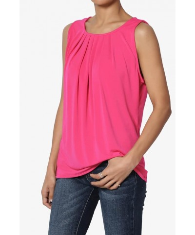 Women's S~3X Sleeveless Pleated O Crew Neck Tank Top Essential Stretch Blouse Hot Pink $9.67 Tanks