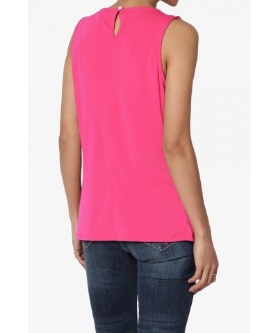 Women's S~3X Sleeveless Pleated O Crew Neck Tank Top Essential Stretch Blouse Hot Pink $9.67 Tanks