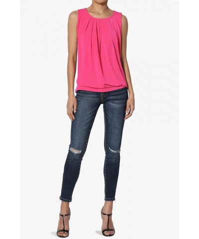 Women's S~3X Sleeveless Pleated O Crew Neck Tank Top Essential Stretch Blouse Hot Pink $9.67 Tanks