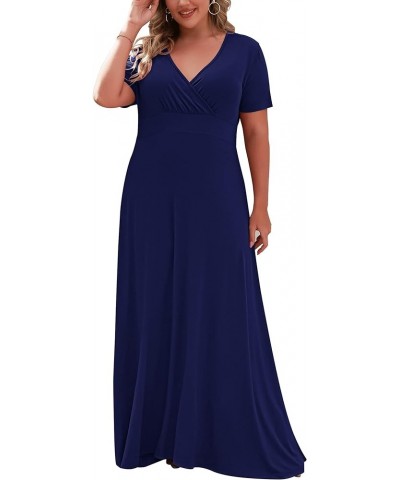 Women's Plus Size Short Sleeve Loose Plain Casual Long Maxi Dresses with Pockets 04-navy Blue $14.75 Dresses