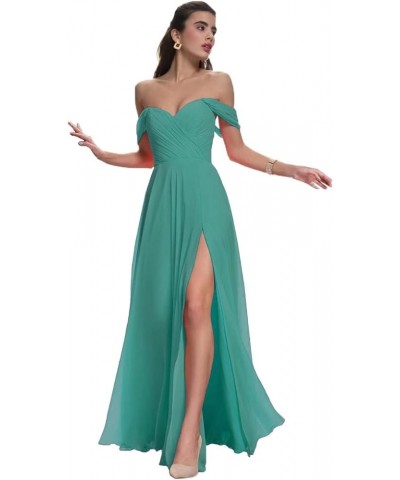 Off Shoulder Chiffon Bridesmaid Dresses with Slit Long Sexy Pleated Formal Dresses with Pockets for Women YMX62 Turquoise $28...