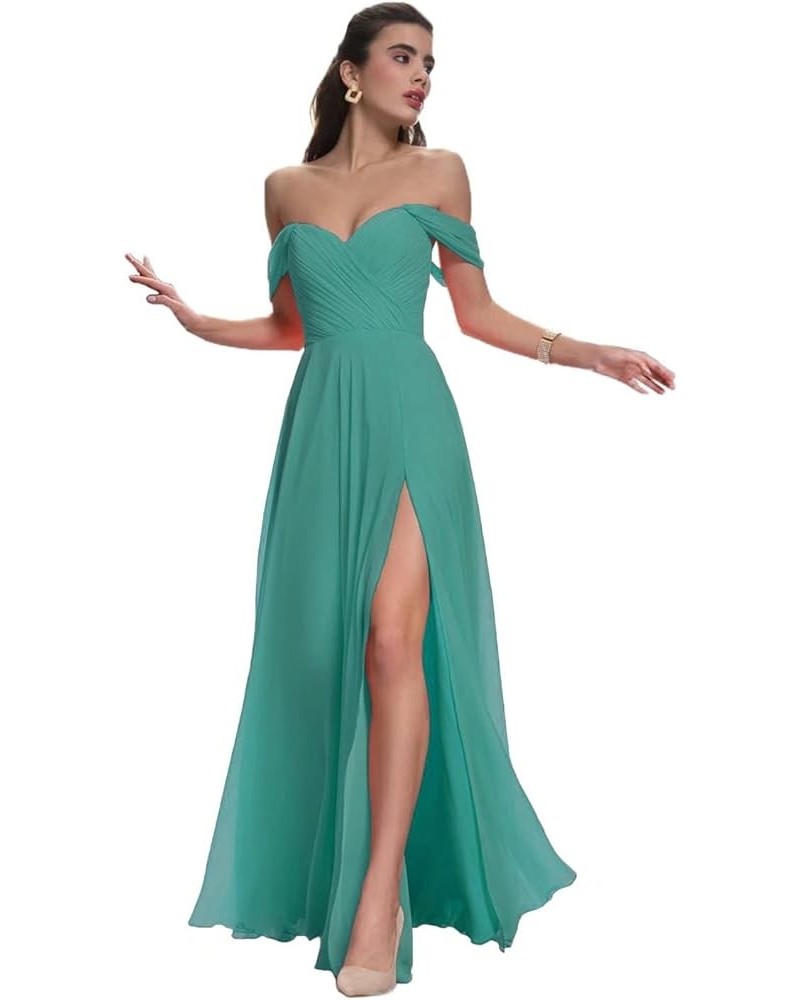 Off Shoulder Chiffon Bridesmaid Dresses with Slit Long Sexy Pleated Formal Dresses with Pockets for Women YMX62 Turquoise $28...