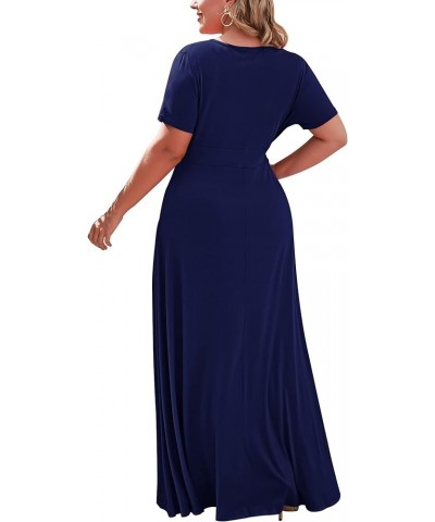 Women's Plus Size Short Sleeve Loose Plain Casual Long Maxi Dresses with Pockets 04-navy Blue $14.75 Dresses