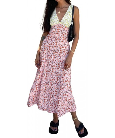 Women Y2k Floral Print Spaghetti Strap Backless Dress Long Bodycon Split Cami Dress Sleeveless Hollow Out Maxi Dress Summer B...