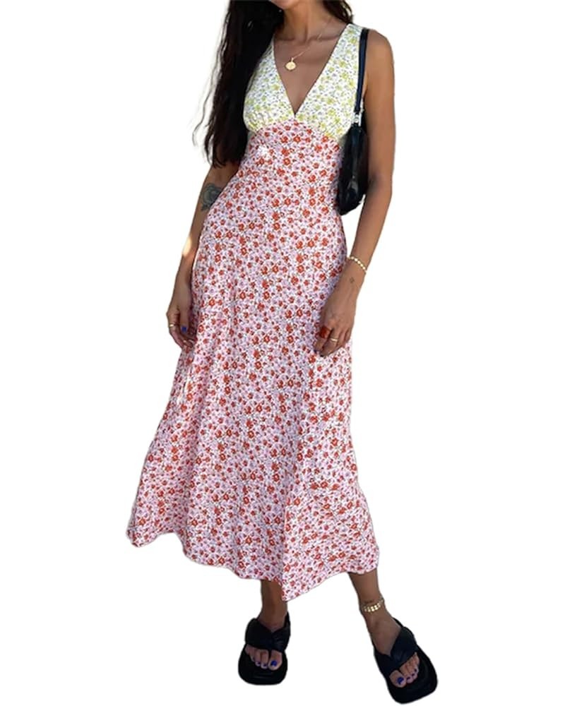 Women Y2k Floral Print Spaghetti Strap Backless Dress Long Bodycon Split Cami Dress Sleeveless Hollow Out Maxi Dress Summer B...