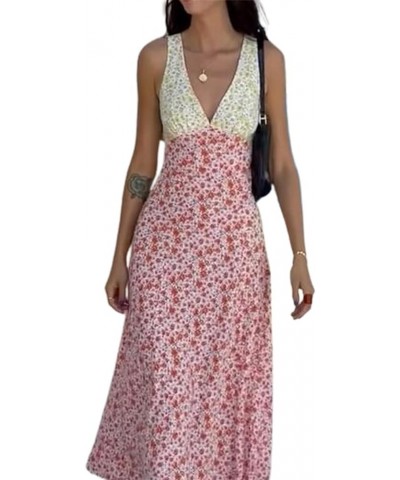 Women Y2k Floral Print Spaghetti Strap Backless Dress Long Bodycon Split Cami Dress Sleeveless Hollow Out Maxi Dress Summer B...