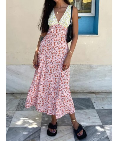 Women Y2k Floral Print Spaghetti Strap Backless Dress Long Bodycon Split Cami Dress Sleeveless Hollow Out Maxi Dress Summer B...