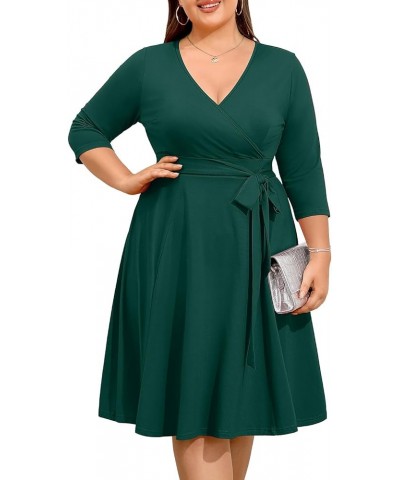 Women's Plus Size Faux Wrap V Neck 3/4 Sleeve Fit and Flare Wedding Guest Casual Party Midi Dress Green $11.76 Dresses