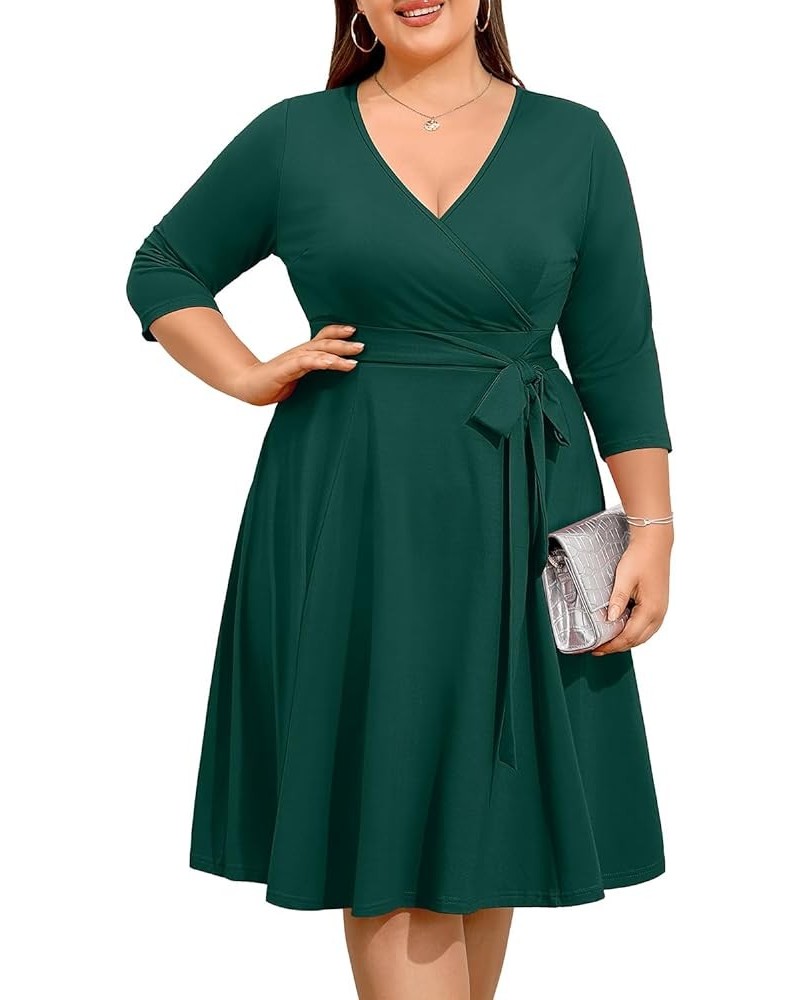 Women's Plus Size Faux Wrap V Neck 3/4 Sleeve Fit and Flare Wedding Guest Casual Party Midi Dress Green $11.76 Dresses